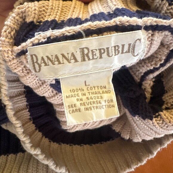 Banana Republic Striped Ribbed Turtleneck Sweater Navy & Beige L Cotton - Picture 5 of 5